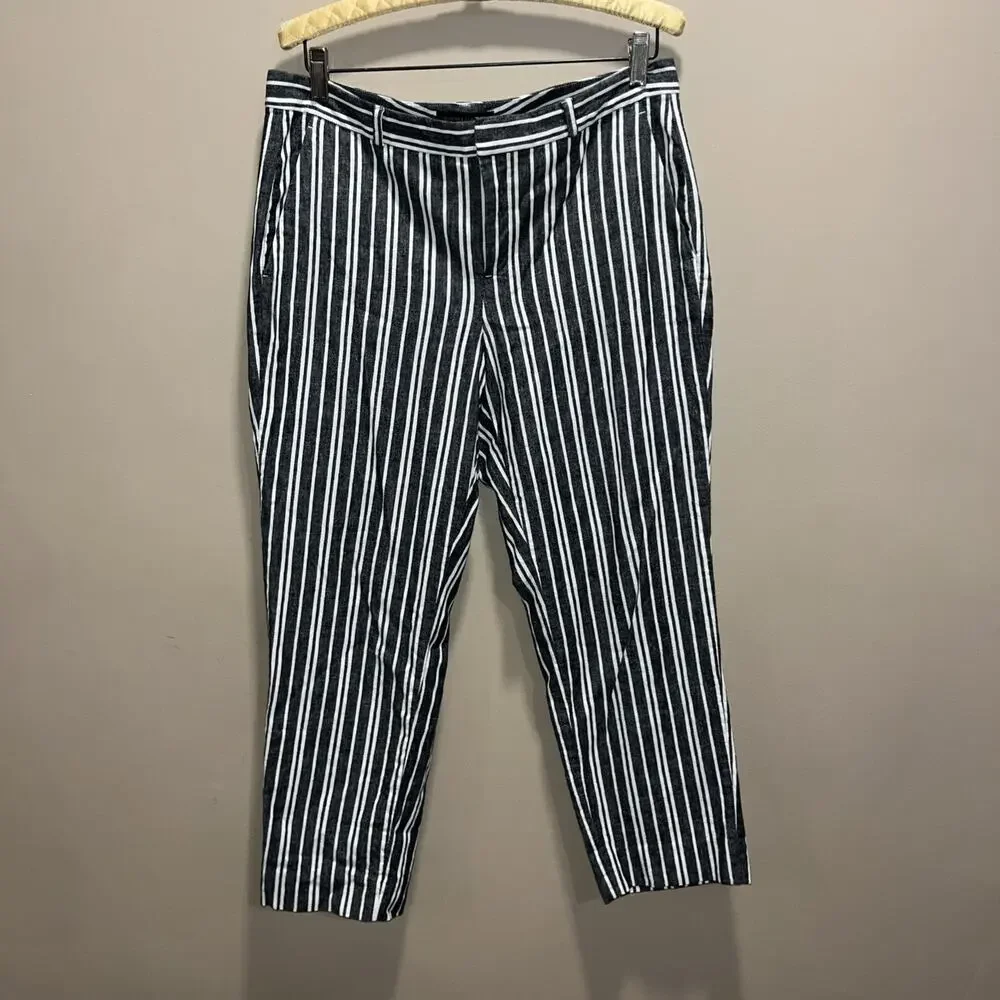 Banana Republic Avery Pants Linen Cotton Stretch Striped Grey White Womens 10